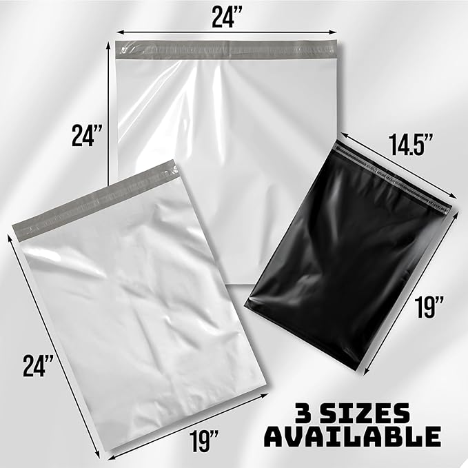 Poly Mailers 19x24 Inch - 100 Pack - Large Shipping Bags for Clothing & Packages, Strong Adhesive Sealing Mailing Envelopes for Small Business, White