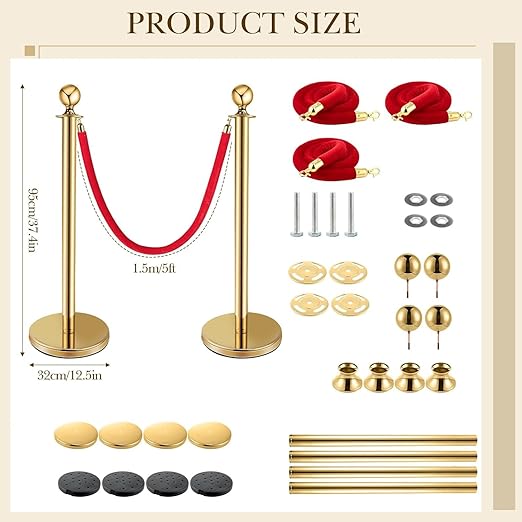 Stanchion Set, Gold Stanchion and Velvet Ropes with 4 Pcs Stainless Steel Posts and 3Pcs Red 5FT Ropes Crowd Control Barrier for Events, Weddings, Theaters, VIP Lines, Queue Management