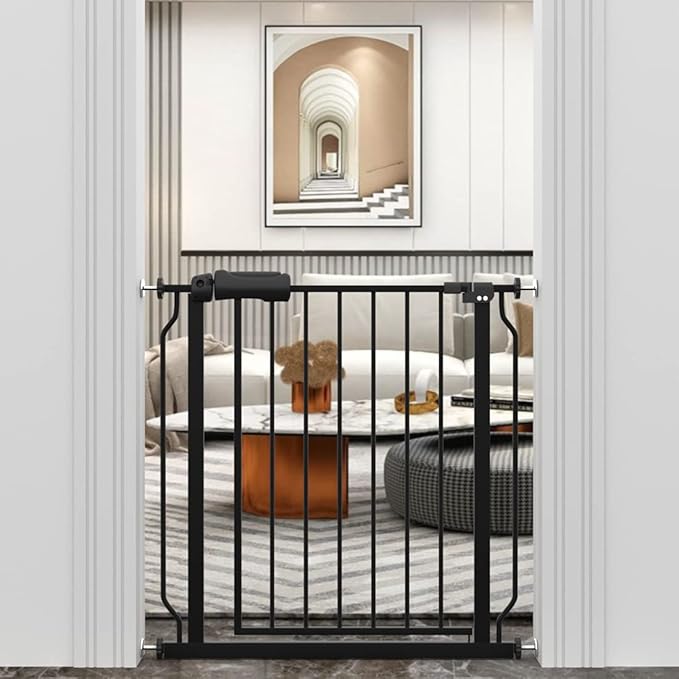 WAOWAO Baby Gate 29.13-33.86" Extra Wide Pressure Mounted Walk Through Swing Auto Close Safety Black Metal Toddler Kids Child Dog Pet Puppy for Stairs,Doorways,Kitchen