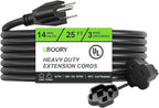 Outdoor Extension Cord Waterproof 25 FT, Black 14/3 SJTW Heavy Duty, Flexible 100% Copper 3 Prong Extension Cord for Lawn, Garage,UL Listed