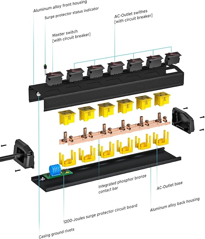 CRST 6 Outlet Metal Heavy Duty Power Strip with Individual Switches, 6FT Wall Mount Garage Power Strip, Surge Protector (1200 Joules), 15amp/1875W, 14AWG SJT Power Cord