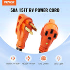 VEVOR 50 Amp RV Extension Cord, 15 ft, Heavy Duty STW 6/3+8/1 AWG RV Power Cord, NEMA 14-50R Female NEMA 14-50P Male Plug, for RVs, Generators, Campers, ETL Listed