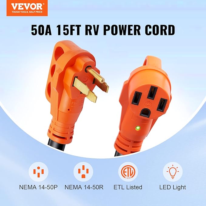 VEVOR 50 Amp RV Extension Cord, 15 ft, Heavy Duty STW 6/3+8/1 AWG RV Power Cord, NEMA 14-50R Female NEMA 14-50P Male Plug, for RVs, Generators, Campers, ETL Listed