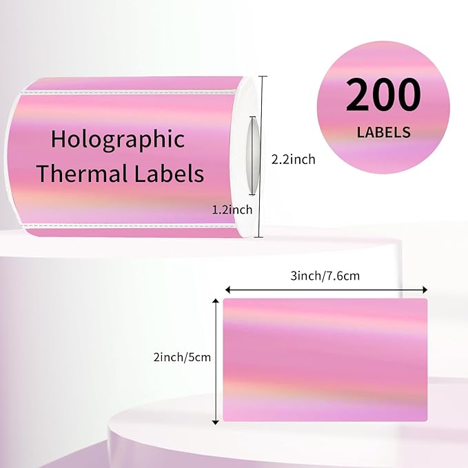 3x2 Inch Holographic Thermal Labels, Pink Thermal Sticker Labels, Glitter Thermal Stickers for DIY Custom Logo, Perforation Line Design- 200 Sheets