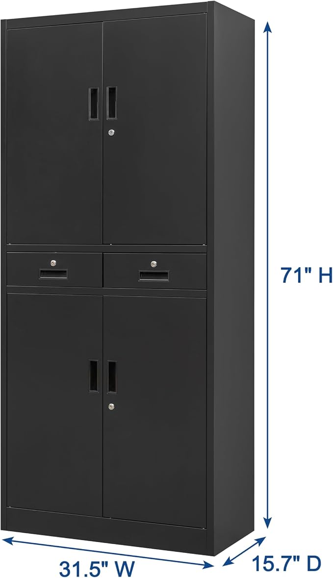 Metal Storage Cabinet, 71" Locking Storage Cabinet with Adjustable Shelves and 2 Drawers, Steel Cabinets for Office, Garage, Home, School, Utility Room(Black)