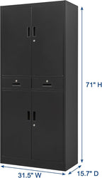 Metal Storage Cabinet, 71" Locking Storage Cabinet with Adjustable Shelves and 2 Drawers, Steel Cabinets for Office, Garage, Home, School, Utility Room(Black)