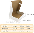 Shipping Boxes 11x9x3 inch Set of 25，White Corrugated Cardboard Box for Mailing Literature Mailer Small Business Shipping Packing Gifts Craft Digest Size Book Giving Products (11x9 x3 Inches)
