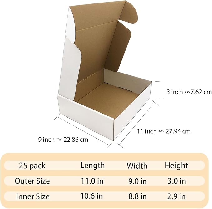 Shipping Boxes 11x9x3 inch Set of 25，White Corrugated Cardboard Box for Mailing Literature Mailer Small Business Shipping Packing Gifts Craft Digest Size Book Giving Products (11x9 x3 Inches)