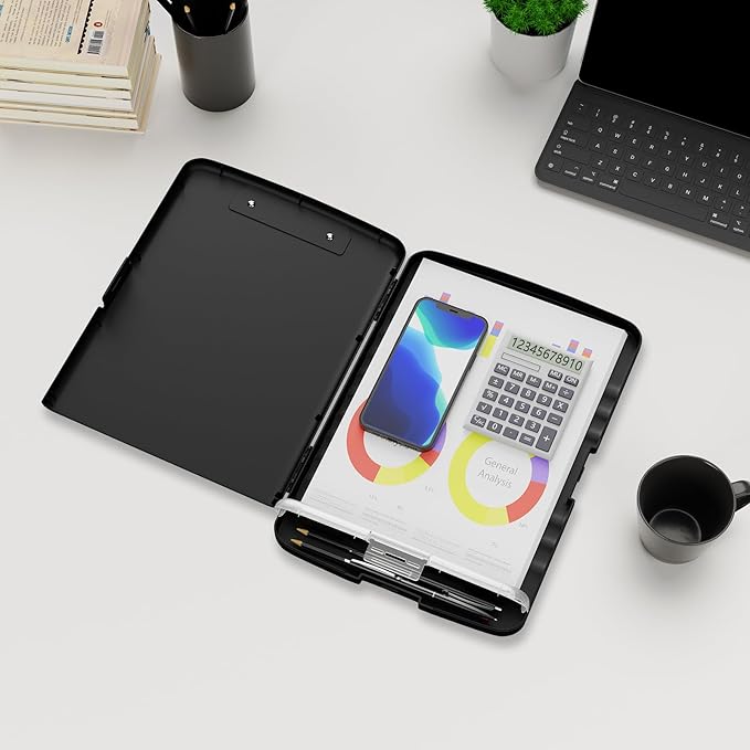 Plastic Clipboard with Storage, 8.5 x 11 Storage Organization Box Side-Opening, Heavy Duty Clip Board with Pen Holder and Paper Folder for Nurses, Teachers, Office & School Supply, Black