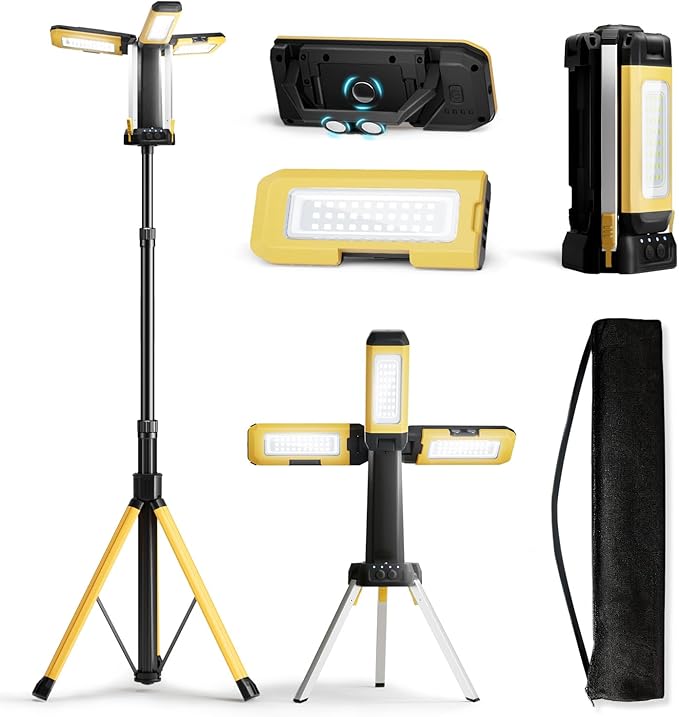 10000mAh Rechargeable LED Work Light with Stand, 3200 Lumens 4.8ft Telescoping Tripod, 2 Detachable Magnetic Lamp Panels, Cordless Garage Workshop Light for Car Repair Inspection Jobsite