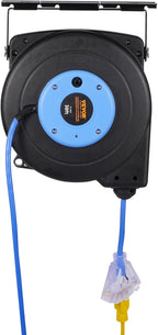 VEVOR 30FT Retractable Extension Cord Reel, 16AWG/3C SJTOW Heavy Duty Power Cord w/Lighted Electrical Triple Tap Outlets, 10A Circuit Breaker, 180° Swivel Bracket for Workshop or Garage, Blue