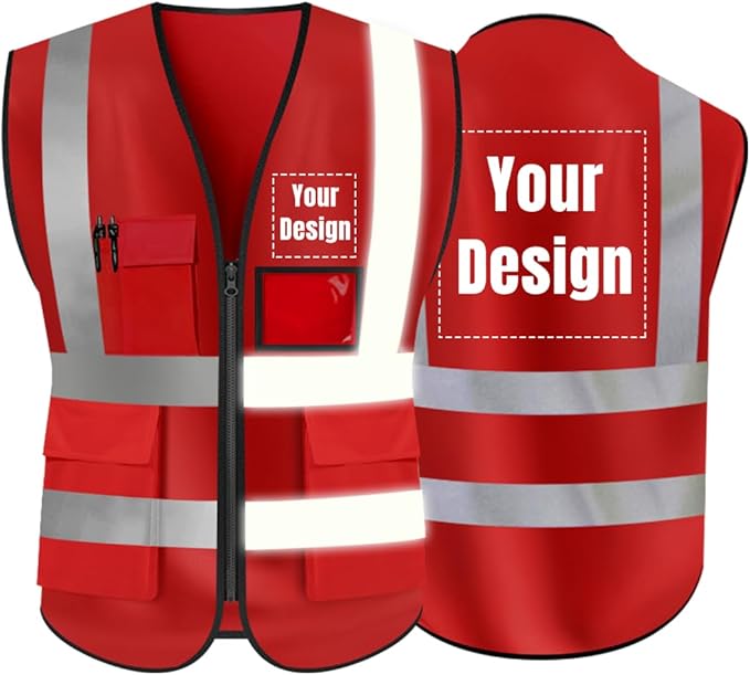 YOWESHOP High Visibility Safety Vest Custom Your Logo Protective Workwear 5 Pockets With Reflective Strips Outdoor Work Vest (Red (L))