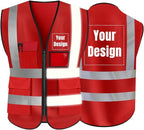 YOWESHOP High Visibility Safety Vest Custom Your Logo Protective Workwear 5 Pockets With Reflective Strips Outdoor Work Vest (Red (2XL))