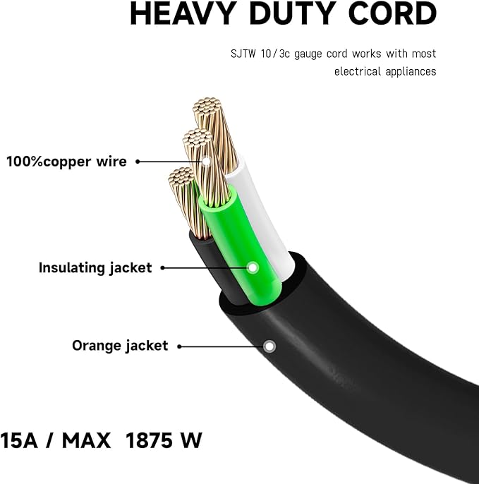 EP 15 Ft Lighted Outdoor Extension Cord - 10/3 SJTW Heavy Duty Black Extension Cable with 3 Prong Grounded Plug for Safety, UL Listed