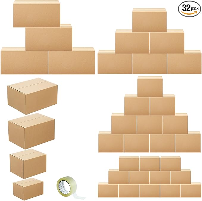 Outus 32 Pack 4 Sizes Shipping Boxes Mailers Corrugated Cardboard Box Kraft Mailing Boxes Small Packing Box with Packaging Tape for Shipping Packing Mailing (Kraft Color,Large)