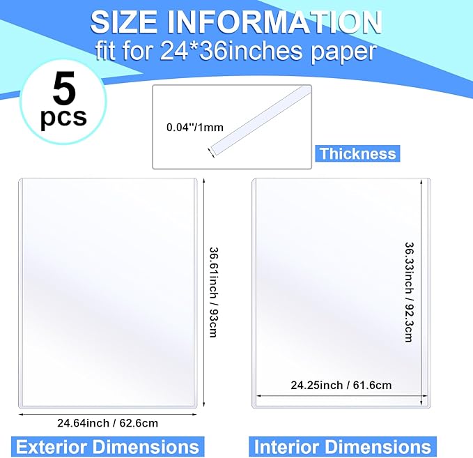 Sherr 5 Pcs Rigid Print Protectors Fit 24 x 36 Inch Poster Paper, Top Loading Page Protectors Plastic Poster Sleeves PVC Clear Sheet Holder to Display Photo Document Magazine Certificate