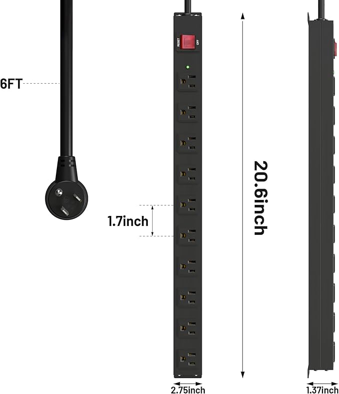 KF 10 Outlet Heavy Duty Power Strip, 2100J Surge Protector with 6FT Extension Cord, 15A/1875W Wall Mount Power Strip Design,Safety Switch,Overload Protection for Home Office Workshop - Black