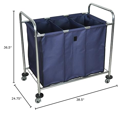 LUXOR HL15 Commercial Laundry Cart with Wheels, Heavy-Duty Steel Frame with Removable and Divided Canvas Bag, 7 Bushels Capacity, Blue