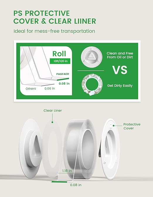 Double Sided Tape Heavy Duty, 2PCS Double Sided Mounting Nano Tape 10FT, Clear & Tough Two Sided Adhesive Tape, Removable Picture Hanging Strips for Wall, Poster, Carpet, Home Office Outdoor