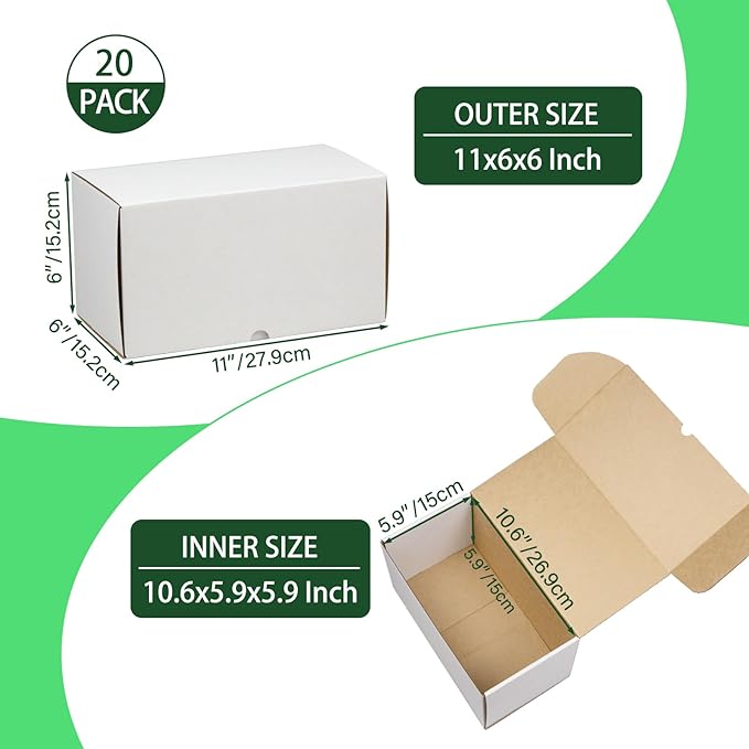 11x6x6 Inches Shipping Boxes Set of 20, White Corrugated Cardboard Box Literature Mailer for Packing Small Business