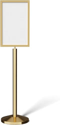 Crowd Control Warehouse Pedestal Standing Floor Sign Frame with Sloped Base, 14x22 Inch Vertical, Polished Brass