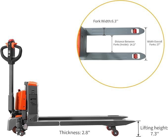 T Tory Carrier Electric Pallet Jack Truck 3300lbs Capacity Lithium Electric Pallet Trucks 48" x27" Forks Li-ion Battery Lift for Narrow Spaces, Easy Battery Replacement-Orange