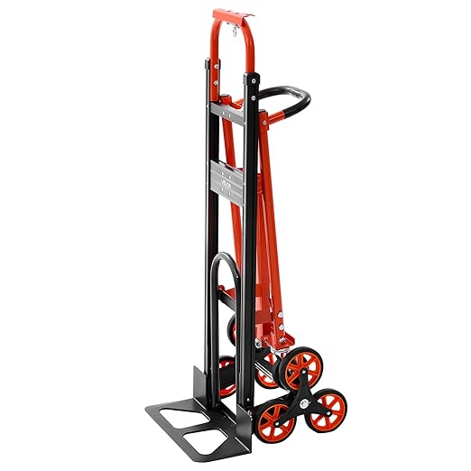 VEVOR 3 in 1 Industrial Convertible Stair Climbing Cart, 770 lbs Max Load, Folding Hand Truck Dolly with Handle & Wheels, Stair Climbing Utility Trolley for Transport & Moving, Orange & Silver