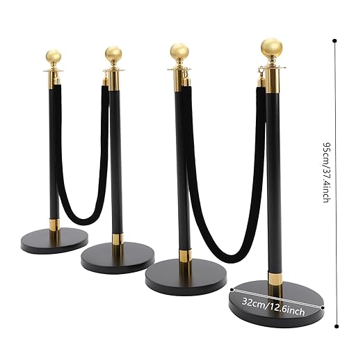 4Pcs Velvet Ropes and Stanchion Post, Black & Gold Stanchion Rope Set, Stainless Steel Stanchions Posts with Ball Top, Crowd Control Barriers for Shopping Malls, Exhibition Halls