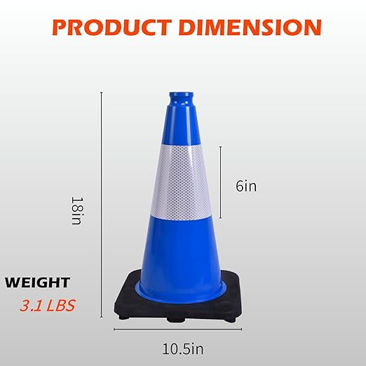 6 Pack 18 Inch Blue Traffic Cones with Reflective Stripes, Black Base Safety Cones for Parking Lots, Sports Events and Property Marking (6, Blue, 18 Inch)