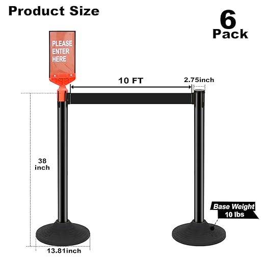 6 Pack Black Stanchions with Retractable Belts - Crowd Control Barriers, Heavy Duty Weighted Base for Events, Retail, Queue Lines