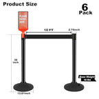 6 Pack Black Stanchions with Retractable Belts - Crowd Control Barriers, Heavy Duty Weighted Base for Events, Retail, Queue Lines
