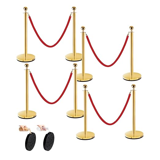Red Carpet Poles and Ropes Set: 8pcs Gold Stanchion Posts and 4pcs Velvet Ropes for Weddings, Events, VIP Entrance & Party - Crowd Control Rope Safety Barriers with Stand