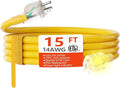 HUANCHAIN 15 ft 14/3 Gauge Heavy Duty Outdoor Extension Cord Waterproof with Lighted, Flexible Cold Weather 3 Prong Electric Cord Outside, 15A 1875W 125V 14AWG SJTW, Yellow, ETL Listed