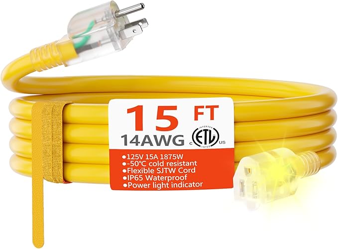 HUANCHAIN 15 ft 14/3 Gauge Heavy Duty Outdoor Extension Cord Waterproof with Lighted, Flexible Cold Weather 3 Prong Electric Cord Outside, 15A 1875W 125V 14AWG SJTW, Yellow, ETL Listed