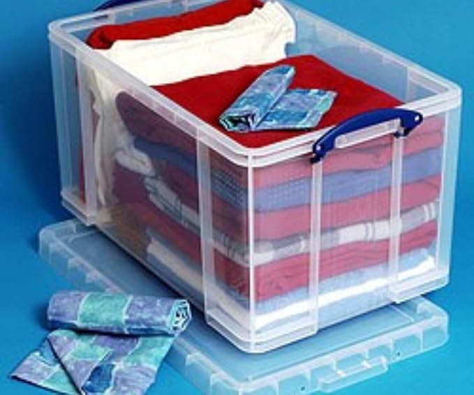 Really Useful Box 84 Liter Plastic Stackable Storage Container with Snap Lid & Built-In Clip Lock Handles for Home or Office Organization, Clear