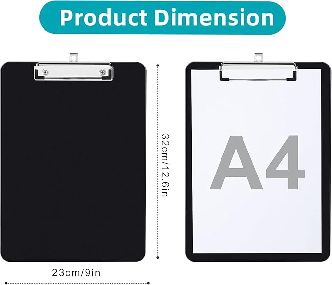 Plastic Clipboards, 6 Packs A4 Size Clip Boards, Paper Clips, Nursing Clipboard, Paper Clip Holder, Writing Board, Document Holder - Black