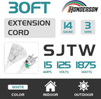 3-Outlets Indoor Outdoor Extension Cord Weatherproof with Lighted End, UL Listed, 14 Gauge 30FT White 3 Prong Heavy Duty, 14/3 SJTW 15A Power Cord