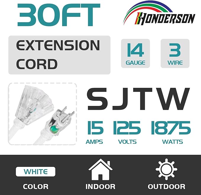 3-Outlets Indoor Outdoor Extension Cord Weatherproof with Lighted End, UL Listed, 14 Gauge 30FT White 3 Prong Heavy Duty, 14/3 SJTW 15A Power Cord