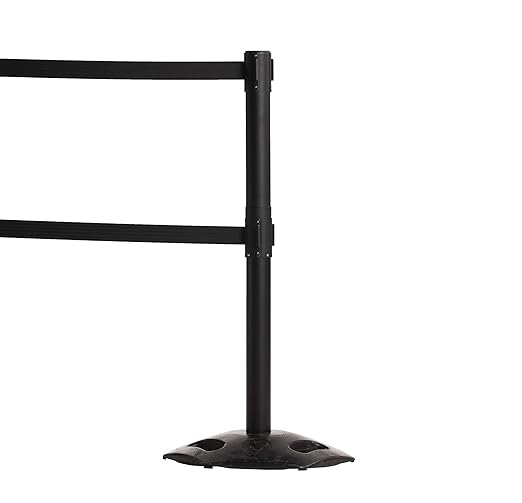 CCW Series WBB-200D - Set of 2 Retractable Dual Belt Barrier Stanchion, Heavy Duty Rubber Base, Black Post (9 Foot Belt, Black with Horizontal Blue Stripe Belt)