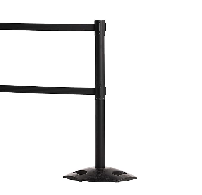 CCW Series WBB-200D - Set of 2 Retractable Dual Belt Barrier Stanchion, Heavy Duty Rubber Base, Black Post (7.5 Foot Belt, Yellow with"Beware Open Pit" Black Letters Belt)