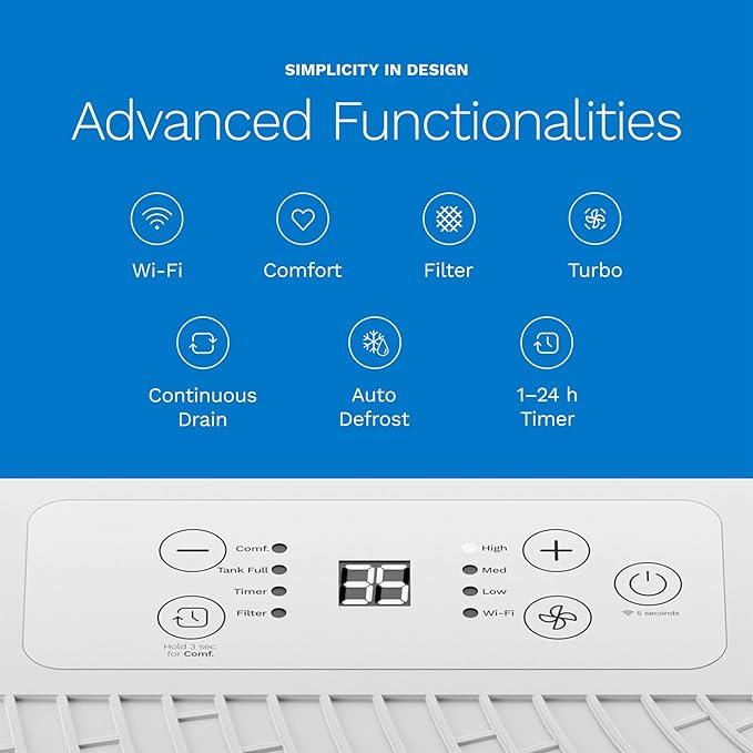 hOmeLabs Dehumidifier - Advanced Humidity & Moisture Control, Quiet, Efficient, Auto Shut-off, Ideal for Home, Basement, Office - 3,500 Sq Ft Wi-Fi (25 Pint MAX 64 Pint at 95°F, 90% RH)