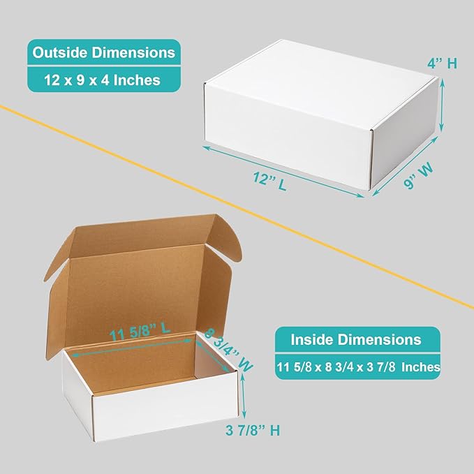 Mcfleet 24 Pack 12x9x4 Shipping Boxes - White Corrugated Cardboard Mailing Box Packaging for Small Business - Tab Locking Literature Mailer Flat Empty Gift Packing Supplies
