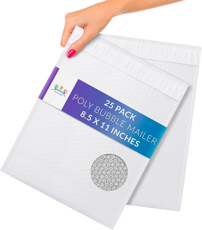 ABC PACK & SUPPLY Poly Bubble Mailers, 8.5 x 11 Inch. Pack of 25 White Padded Envelopes Self Seal. Tear-Proof Gift Bubble Envelopes. Waterproof Packaging for Small Business. Cushioning Book Mailers