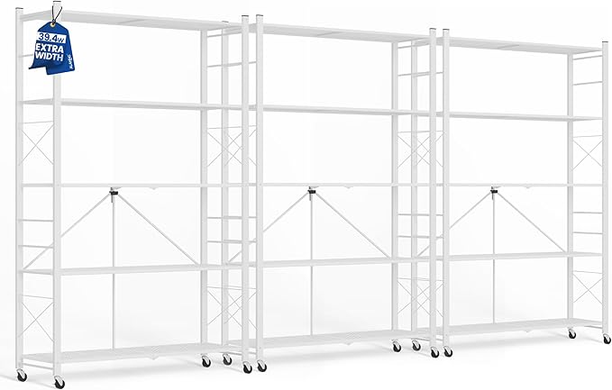 ALANNG 40" W Foldable 5-Tier Storage Shelves with Wheels, Adjustable & Removable Metal Rack, Heavy Duty Rolling Organizer for Kitchen, Garage, Closet, Pantry, and Office (White,3 Pack)