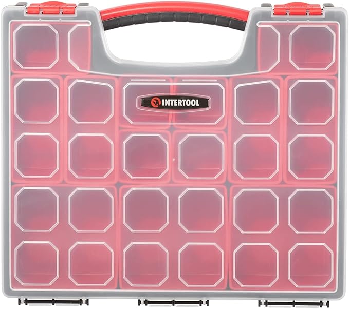 INTERTOOL Hardware Organizer with 13 Removable Bins - Small Parts Storage Tool Box for Nuts, Bolts, Screws, Nails - Portable Handle Transparent Lid with Locks BX08-4031