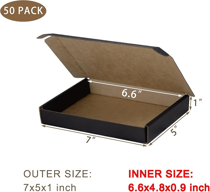50 Pack 7x5x1 Inches Small Shipping Boxes, Black Corrugated Cardboard Boxes, Moving Mailing Packing Box