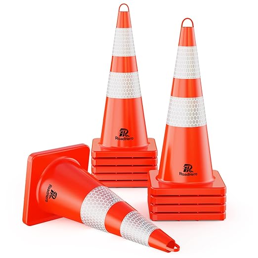 RoadHero 10 Pack Traffic Cones 28 Inch Safety Cones with Reflective Collar Orange Cones with Handle Plastic PVC Heavy Duty Cones for Parking Lot, Driving Training
