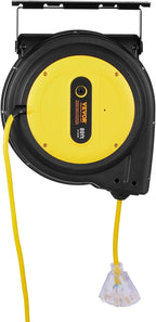 VEVOR 80FT Retractable Extension Cord Reel, 12AWG/3C SJTOW Heavy Duty Power Cord w/Lighted Electrical Triple Tap Outlets, 15A Circuit Breaker,180° Swivel Bracket for Workshop or Garage, Yellow