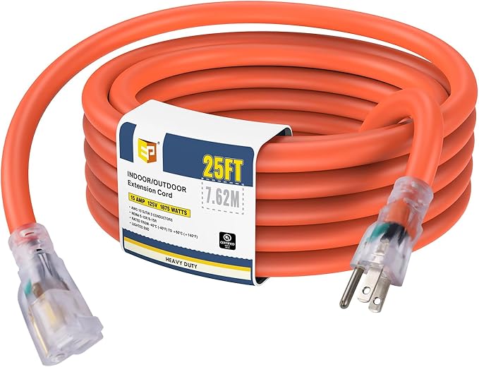 EP 25 Ft Lighted Outdoor Extension Cord - 10/3 SJTW Heavy Duty Orange Extension Cable with 3 Prong Grounded Plug for Safety, UL Listed