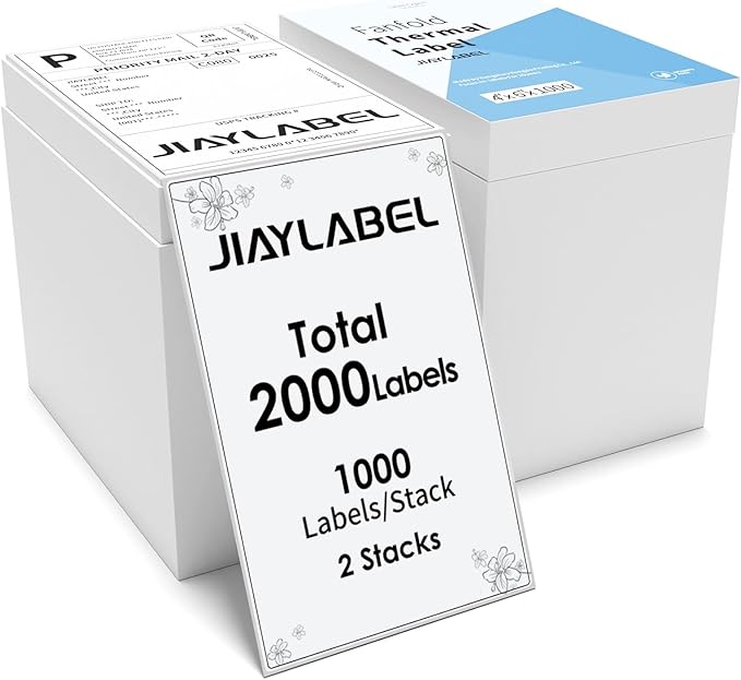 4x6 Thermal Shipping Label Paper for Thermal Label Printer Fanfold Printable USPS Address Mailing Stickers Big Packing White 1000 Labels/Stack, 2 Stacks, Total 2000PCS